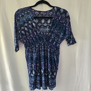 Deb‎ Surplice Neck Empire Waist Tunic Top Women's M Batik Print Navy Turquoise